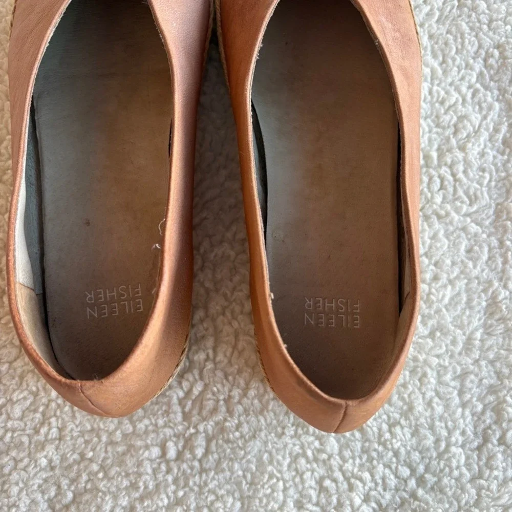 Eileen‎ Fisher Tour Tan Leather Espadrille Flats Women's 8.5 Jute Slip On Shoes